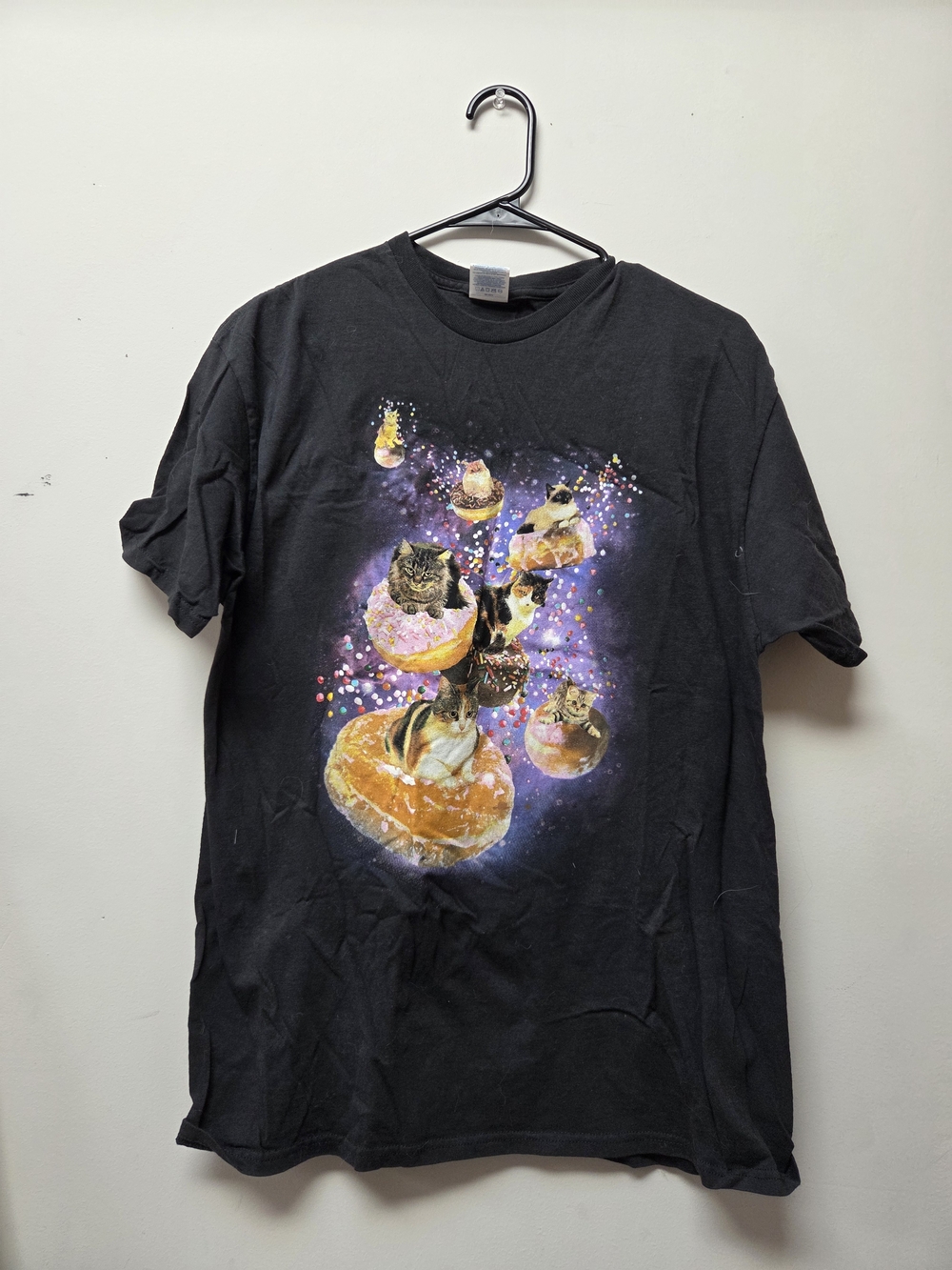 Delta Black Short Sleeve Tee with Colorful Cat & Donut Graphic